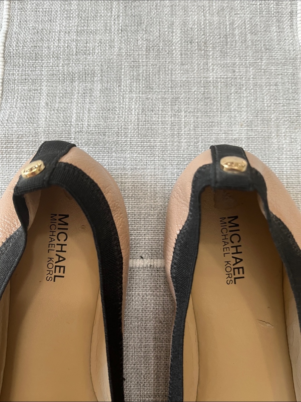Michael Kors Black Patent Cap-Toe and Nude Ballet Flats with Gold MK Medallion - Picture 2 of 6